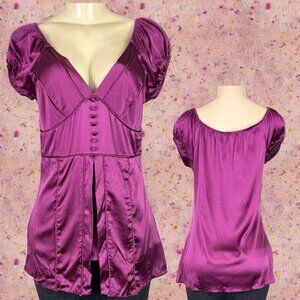 Shine NY L Red Violet Silk V-Neckline Slit Front Button Detail Cap Sleeve Blouse